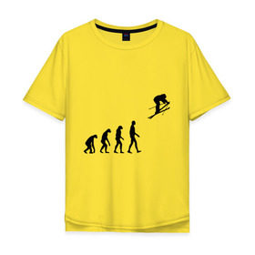 Мужская футболка хлопок Oversize с принтом Эволюция лыжник в Тюмени, 100% хлопок | свободный крой, круглый ворот, “спинка” длиннее передней части | гора | горные лыжи | зимний спорт | лыжник | лыжный спорт | трассы | шерегеш | эволюция | экстремальный спорт | экстрим