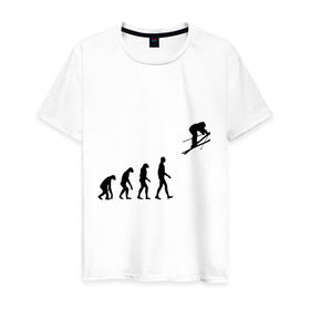 Мужская футболка хлопок с принтом Эволюция лыжник в Тюмени, 100% хлопок | прямой крой, круглый вырез горловины, длина до линии бедер, слегка спущенное плечо. | гора | горные лыжи | зимний спорт | лыжник | лыжный спорт | трассы | шерегеш | эволюция | экстремальный спорт | экстрим