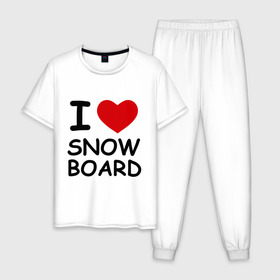 Мужская пижама хлопок с принтом Я люблю сноуборд в Тюмени, 100% хлопок | брюки и футболка прямого кроя, без карманов, на брюках мягкая резинка на поясе и по низу штанин
 | Тематика изображения на принте: борд | доска | зимний спорт | сноуборд | сноубординг | сноубордист | трассы | экстремальный спорт | экстрим | я люблю
