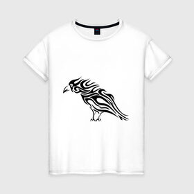 Женская футболка хлопок с принтом Ворон (Raven) в Тюмени, 100% хлопок | прямой крой, круглый вырез горловины, длина до линии бедер, слегка спущенное плечо | ворон | ворон тату | ворон трайбл | ворона | ворона трайбл | черная ворона | черная птица | черный ворон