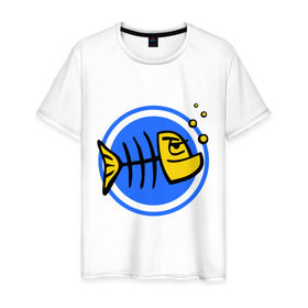 Мужская футболка хлопок с принтом Рыба (1) в Тюмени, 100% хлопок | прямой крой, круглый вырез горловины, длина до линии бедер, слегка спущенное плечо. | Тематика изображения на принте: скелет
