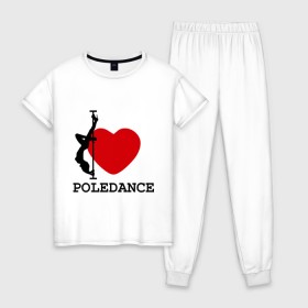 Женская пижама хлопок с принтом I LOVE POLEDANCE в Тюмени, 100% хлопок | брюки и футболка прямого кроя, без карманов, на брюках мягкая резинка на поясе и по низу штанин | Тематика изображения на принте: poledance | poledanceстрип пластика | девушка на шесте | полидэнс | шест | шестовая пластика | я люблю полидэнс