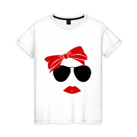 Женская футболка хлопок с принтом Vintage в Тюмени, 100% хлопок | прямой крой, круглый вырез горловины, длина до линии бедер, слегка спущенное плечо | бант | винтаж | губы | девушка | лицо | очки | помада