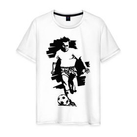 Мужская футболка хлопок с принтом Футболист (4) в Тюмени, 100% хлопок | прямой крой, круглый вырез горловины, длина до линии бедер, слегка спущенное плечо. | гол | матч | поле | футбол | футболист | футбольный мяч