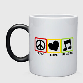 Кружка хамелеон с принтом Peace, Love, Reggae в Тюмени, керамика | меняет цвет при нагревании, емкость 330 мл | reggae | знаки | люблю регги | любовь | меломан | наслажение | нота | регги