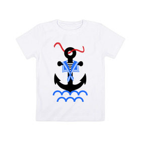 Детская футболка хлопок с принтом морской якорь в Тюмени, 100% хлопок | круглый вырез горловины, полуприлегающий силуэт, длина до линии бедер | волны | канат | капитан | катер | корабль | море | моряк | плавание | порт | пристань | река | судоходный | тельняшка