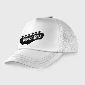Детская кепка тракер с принтом Rock-n-roll в Тюмени, Козырек - 100% хлопок. Кепка - 100% полиэстер, Задняя часть - сетка | универсальный размер, пластиковая застёжка | гитара
