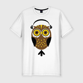 Мужская футболка премиум с принтом Сова в наушниках в Тюмени, 92% хлопок, 8% лайкра | приталенный силуэт, круглый вырез ворота, длина до линии бедра, короткий рукав | сова