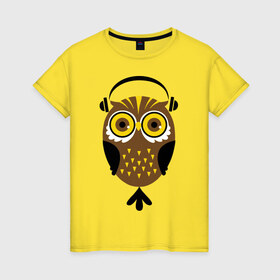Женская футболка хлопок с принтом Сова в наушниках в Тюмени, 100% хлопок | прямой крой, круглый вырез горловины, длина до линии бедер, слегка спущенное плечо | сова