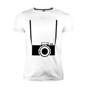Мужская футболка премиум с принтом фотик на шее в Тюмени, 92% хлопок, 8% лайкра | приталенный силуэт, круглый вырез ворота, длина до линии бедра, короткий рукав | для туриста | путешественник | турист | туристу | фотик | фото | фотоаппарат | фотоаппарат на шее | фотограф