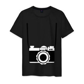 Мужская футболка хлопок с принтом фотик на шее в Тюмени, 100% хлопок | прямой крой, круглый вырез горловины, длина до линии бедер, слегка спущенное плечо. | Тематика изображения на принте: для туриста | путешественник | турист | туристу | фотик | фото | фотоаппарат | фотоаппарат на шее | фотограф
