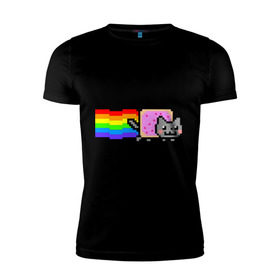 Мужская футболка премиум с принтом Nyan Cat в Тюмени, 92% хлопок, 8% лайкра | приталенный силуэт, круглый вырез ворота, длина до линии бедра, короткий рукав | nyan cat | интернет приколы | кошка | нян кэт