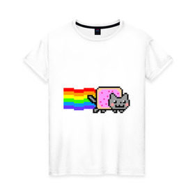 Женская футболка хлопок с принтом Nyan Cat в Тюмени, 100% хлопок | прямой крой, круглый вырез горловины, длина до линии бедер, слегка спущенное плечо | nyan cat | интернет приколы | кошка | нян кэт