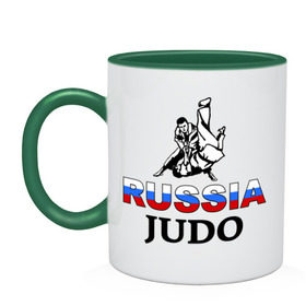 Кружка двухцветная с принтом Russia judo в Тюмени, керамика | объем — 330 мл, диаметр — 80 мм. Цветная ручка и кайма сверху, в некоторых цветах — вся внутренняя часть | дзюдо