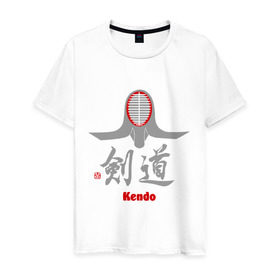 Мужская футболка хлопок с принтом Кендо маска иероглиф в Тюмени, 100% хлопок | прямой крой, круглый вырез горловины, длина до линии бедер, слегка спущенное плечо. | kendo | иероглиф | кендо | кендо иероглиф | лого | маска