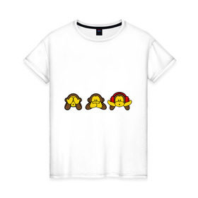 Женская футболка хлопок с принтом три обезьяны в Тюмени, 100% хлопок | прямой крой, круглый вырез горловины, длина до линии бедер, слегка спущенное плечо | животные | макаки | обезьяна | обязьяны | шимпонзде
