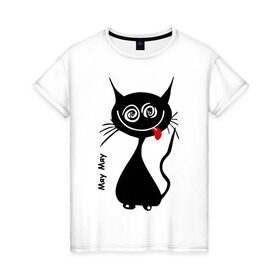 Женская футболка хлопок с принтом Кошка Мяу в Тюмени, 100% хлопок | прямой крой, круглый вырез горловины, длина до линии бедер, слегка спущенное плечо | кот | котенок | котик | кошка | кошка мяу | мяу | черная кошка | черный кот