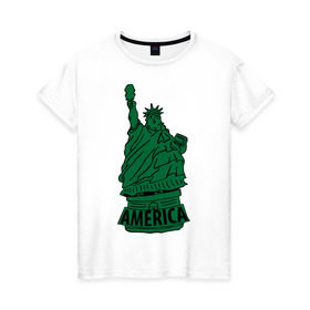Женская футболка хлопок с принтом Америка (America) Толстая статуя свободы в Тюмени, 100% хлопок | прямой крой, круглый вырез горловины, длина до линии бедер, слегка спущенное плечо | Тематика изображения на принте: new york | жирная | лишний вес | нью йорк | толстуха