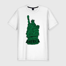 Мужская футболка премиум с принтом Америка (America) Толстая статуя свободы в Тюмени, 92% хлопок, 8% лайкра | приталенный силуэт, круглый вырез ворота, длина до линии бедра, короткий рукав | Тематика изображения на принте: new york | жирная | лишний вес | нью йорк | толстуха