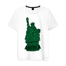 Мужская футболка хлопок с принтом Америка (America) Толстая статуя свободы в Тюмени, 100% хлопок | прямой крой, круглый вырез горловины, длина до линии бедер, слегка спущенное плечо. | Тематика изображения на принте: new york | жирная | лишний вес | нью йорк | толстуха