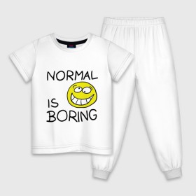Детская пижама хлопок с принтом Normal is boring (Обыденность это скучно) в Тюмени, 100% хлопок |  брюки и футболка прямого кроя, без карманов, на брюках мягкая резинка на поясе и по низу штанин
 | Тематика изображения на принте: normal is boring | smile | обыденность это скучно | позитив | смайл | смайлик | смайлы