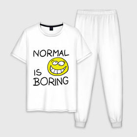 Мужская пижама хлопок с принтом Normal is boring (Обыденность это скучно) в Тюмени, 100% хлопок | брюки и футболка прямого кроя, без карманов, на брюках мягкая резинка на поясе и по низу штанин
 | normal is boring | smile | обыденность это скучно | позитив | смайл | смайлик | смайлы