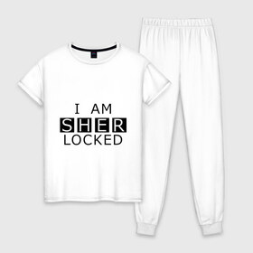 Женская пижама хлопок с принтом I AM SHERLOCKED в Тюмени, 100% хлопок | брюки и футболка прямого кроя, без карманов, на брюках мягкая резинка на поясе и по низу штанин | holmes | sherlock | watson | ватсон