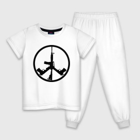 Детская пижама хлопок с принтом Мир из оружия в Тюмени, 100% хлопок |  брюки и футболка прямого кроя, без карманов, на брюках мягкая резинка на поясе и по низу штанин
 | автомат | ак | знак | мир | оружие | пацифика | пистолет | символ мираб ак 47