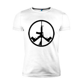 Мужская футболка премиум с принтом Мир из оружия в Тюмени, 92% хлопок, 8% лайкра | приталенный силуэт, круглый вырез ворота, длина до линии бедра, короткий рукав | автомат | ак | знак | мир | оружие | пацифика | пистолет | символ мираб ак 47
