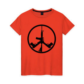 Женская футболка хлопок с принтом Мир из оружия в Тюмени, 100% хлопок | прямой крой, круглый вырез горловины, длина до линии бедер, слегка спущенное плечо | автомат | ак | знак | мир | оружие | пацифика | пистолет | символ мираб ак 47