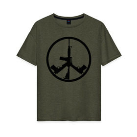 Женская футболка хлопок Oversize с принтом Мир из оружия в Тюмени, 100% хлопок | свободный крой, круглый ворот, спущенный рукав, длина до линии бедер
 | Тематика изображения на принте: автомат | ак | знак | мир | оружие | пацифика | пистолет | символ мираб ак 47