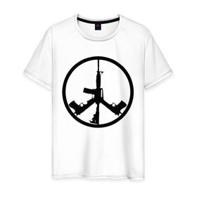 Мужская футболка хлопок с принтом Мир из оружия в Тюмени, 100% хлопок | прямой крой, круглый вырез горловины, длина до линии бедер, слегка спущенное плечо. | автомат | ак | знак | мир | оружие | пацифика | пистолет | символ мираб ак 47