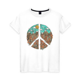 Женская футболка хлопок с принтом Мир (Peace) в Тюмени, 100% хлопок | прямой крой, круглый вырез горловины, длина до линии бедер, слегка спущенное плечо | хиппи