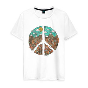 Мужская футболка хлопок с принтом Мир (Peace) в Тюмени, 100% хлопок | прямой крой, круглый вырез горловины, длина до линии бедер, слегка спущенное плечо. | Тематика изображения на принте: хиппи