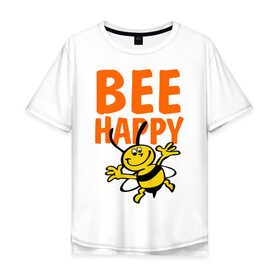 Мужская футболка хлопок Oversize с принтом BeeHappy в Тюмени, 100% хлопок | свободный крой, круглый ворот, “спинка” длиннее передней части | Тематика изображения на принте: веселая | насекомое | настроение | позитив | пчела | пчелка | счастливый | счастье | эмоции