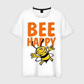 Мужская футболка хлопок с принтом BeeHappy в Тюмени, 100% хлопок | прямой крой, круглый вырез горловины, длина до линии бедер, слегка спущенное плечо. | веселая | насекомое | настроение | позитив | пчела | пчелка | счастливый | счастье | эмоции