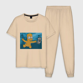 Мужская пижама хлопок с принтом Nevermind (Simpsons) в Тюмени, 100% хлопок | брюки и футболка прямого кроя, без карманов, на брюках мягкая резинка на поясе и по низу штанин
 | nevermind | nevermind simpsons | nirvana | nirvana nevermind | rock | simpsons | нирвана | нирвана nevermind | нирвана симпсонс | ребенок | рок | символика nirvana | символика нирвана | симпсонс
