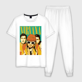 Мужская пижама хлопок с принтом Nirvana(3) в Тюмени, 100% хлопок | брюки и футболка прямого кроя, без карманов, на брюках мягкая резинка на поясе и по низу штанин
 | nirvana | nirvana лица | rock | нирвана | нирвана лица | рок | символика nirvana | символика нирвана