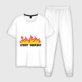 Мужская пижама хлопок с принтом Street workout fire в Тюмени, 100% хлопок | брюки и футболка прямого кроя, без карманов, на брюках мягкая резинка на поясе и по низу штанин
 | fire | street | workout | workout fire | воркаут | здоровый образ жизни | здоровье | зож | огонь | пламя | сопрт