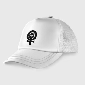 Детская кепка тракер с принтом эмблема феминизма в Тюмени, Козырек - 100% хлопок. Кепка - 100% полиэстер, Задняя часть - сетка | универсальный размер, пластиковая застёжка | женщины | кулак | мужчины | отношения | феминистка