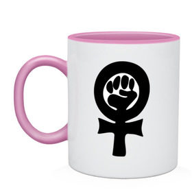 Кружка двухцветная с принтом эмблема феминизма в Тюмени, керамика | объем — 330 мл, диаметр — 80 мм. Цветная ручка и кайма сверху, в некоторых цветах — вся внутренняя часть | женщины | кулак | мужчины | отношения | феминистка