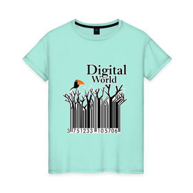 Женская футболка хлопок с принтом Digital World в Тюмени, 100% хлопок | прямой крой, круглый вырез горловины, длина до линии бедер, слегка спущенное плечо | digital world | деревья | птица | птичка | цифра | цифровой мир | штриф код | штрих код | штрихкод