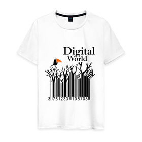 Мужская футболка хлопок с принтом Digital World в Тюмени, 100% хлопок | прямой крой, круглый вырез горловины, длина до линии бедер, слегка спущенное плечо. | digital world | деревья | птица | птичка | цифра | цифровой мир | штриф код | штрих код | штрихкод