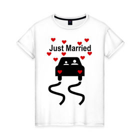 Женская футболка хлопок с принтом Молодожены в машине в Тюмени, 100% хлопок | прямой крой, круглый вырез горловины, длина до линии бедер, слегка спущенное плечо | брак | жена | жениться | жених | любовь | муж | невеста | свадьба | семья | сердечки | сердца | супруга