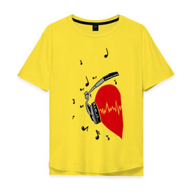 Мужская футболка хлопок Oversize с принтом Сердце в наушниках на двоих в Тюмени, 100% хлопок | свободный крой, круглый ворот, “спинка” длиннее передней части | влюбленным | вместе | для влюбленных | звуки | любовь | музыка | наушники | отношения | парные | пульс | сердце