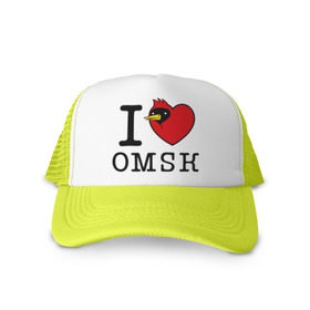 Кепка тракер с сеткой с принтом I love Omsk (Я люблю Омск) в Тюмени, трикотажное полотно; задняя часть — сетка | длинный козырек, универсальный размер, пластиковая застежка | i love omsk | город | омич | омская птица | птица | я люблю омск