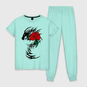 Женская пижама хлопок с принтом Дракон и роза в Тюмени, 100% хлопок | брюки и футболка прямого кроя, без карманов, на брюках мягкая резинка на поясе и по низу штанин | скелет