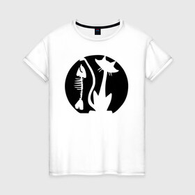 Женская футболка хлопок с принтом Кот и рыбка в Тюмени, 100% хлопок | прямой крой, круглый вырез горловины, длина до линии бедер, слегка спущенное плечо | киса | кот | котенок | котик | кошка | кошки | рыбка