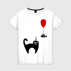 Женская футболка хлопок с принтом Кот и рыбка (1) в Тюмени, 100% хлопок | прямой крой, круглый вырез горловины, длина до линии бедер, слегка спущенное плечо | киса | кот | котенок | котик | кошка | кошки | рыбка