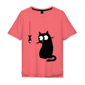 Мужская футболка хлопок Oversize с принтом Кот и рыба в Тюмени, 100% хлопок | свободный крой, круглый ворот, “спинка” длиннее передней части | киса | киска | котенок | котик | котэ | кошка | рыбка